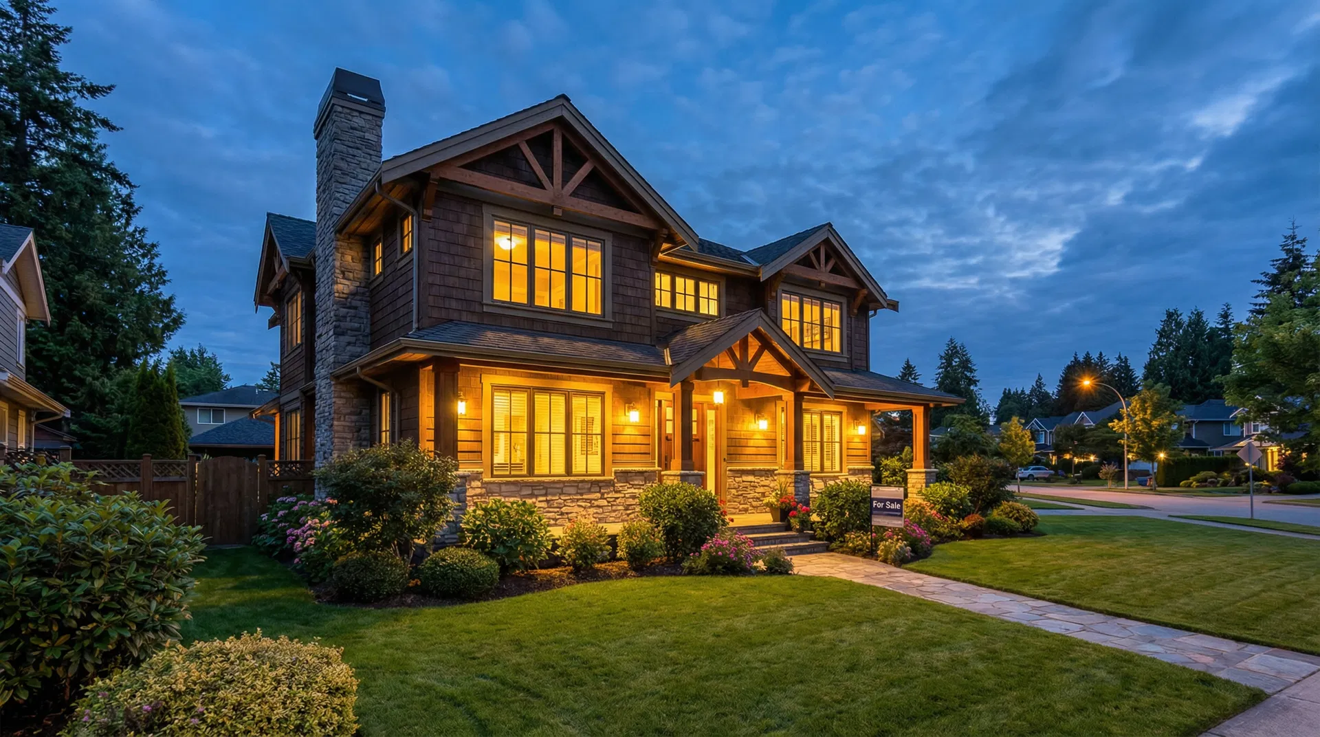 Beautiful home exterior at dusk
