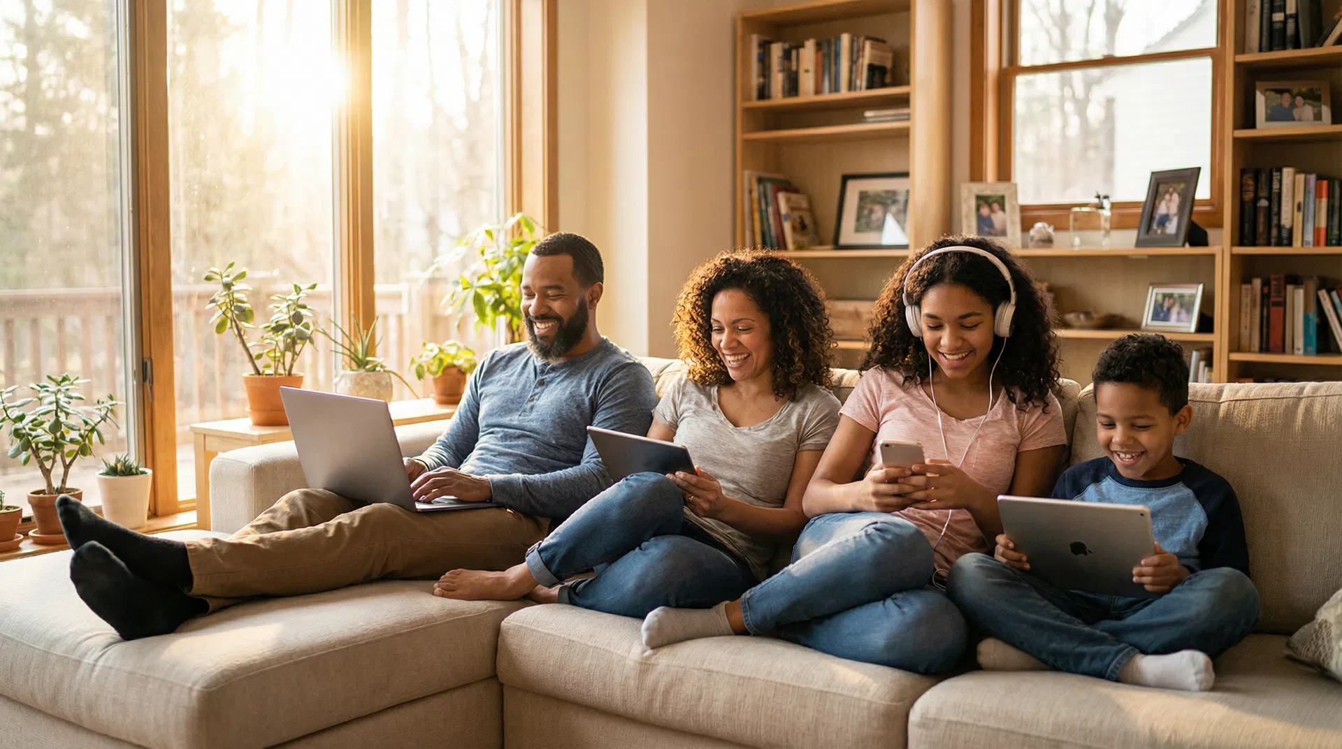 Family enjoying fast internet at home