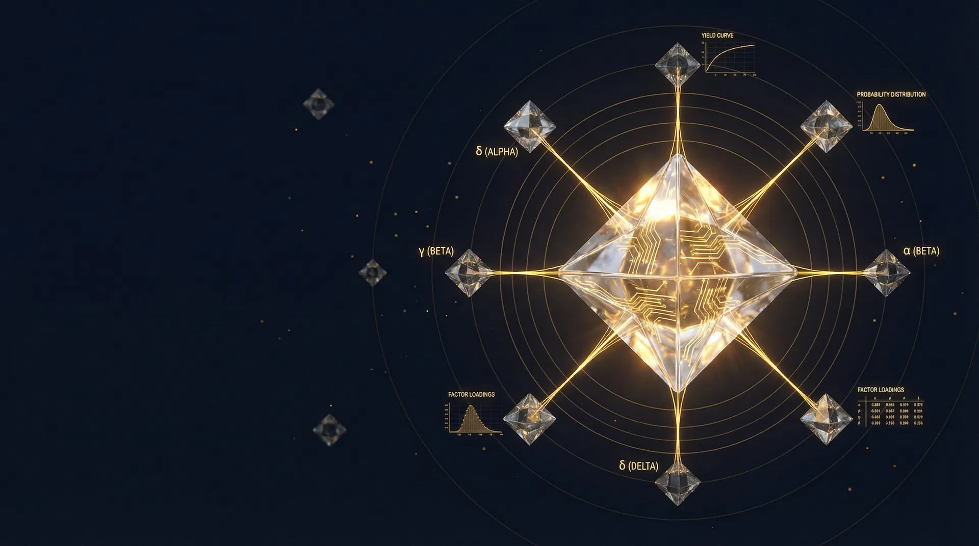 Central crystalline octahedron hub with orbital nodes in spoke pattern featuring yield curves, probability distributions, and factor loading tables