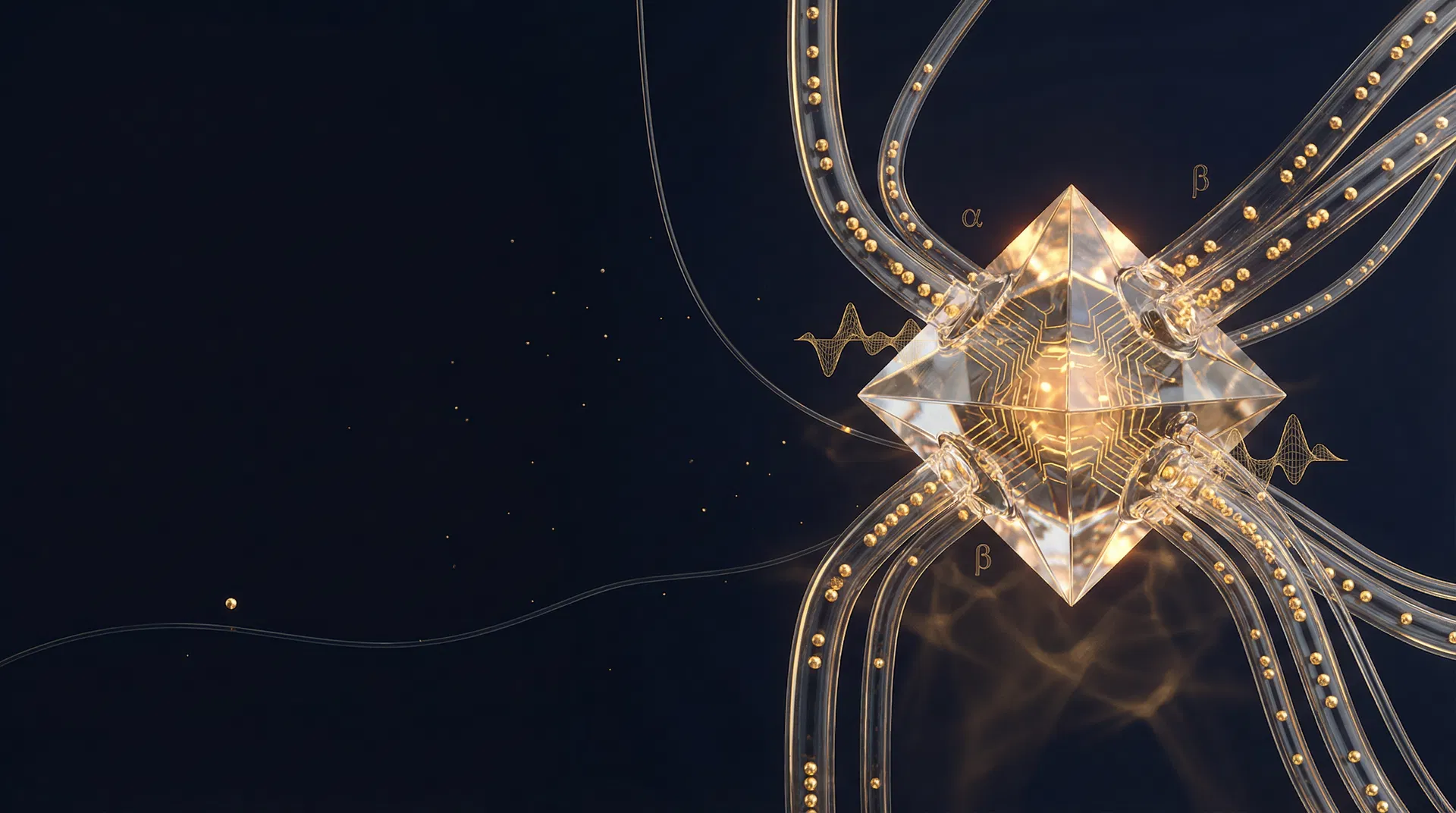 Crystalline data junction node with converging glass conduits carrying golden data streams