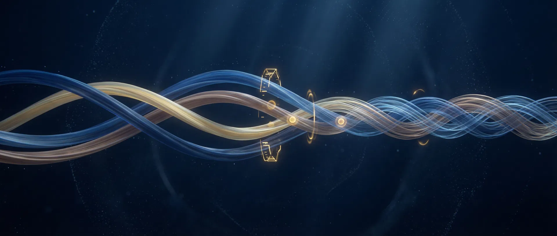 Abstract visualization of interwoven temporal data strands in gold and navy blue.