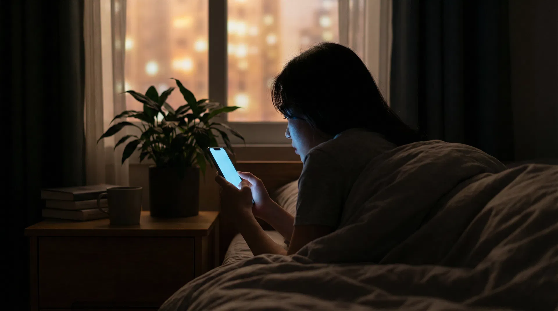 밤 침대에서 스마트폰을 보는 여성의 실루엣