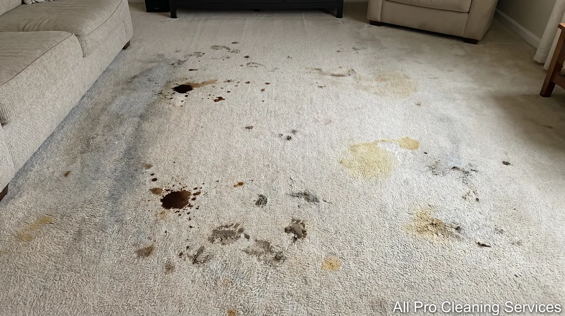 All Pro Cleaning Services - heavily stained dirty carpet before cleaning - Hutchinson KS