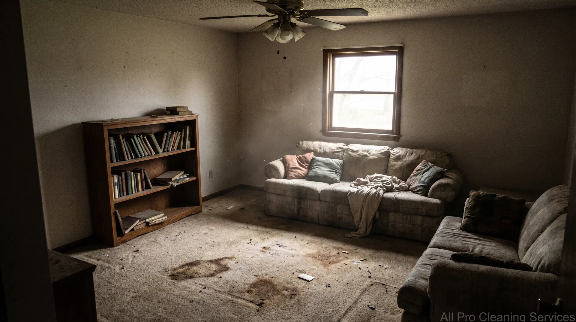 All Pro Cleaning Services - dusty cluttered living room before deep cleaning - Hutchinson KS