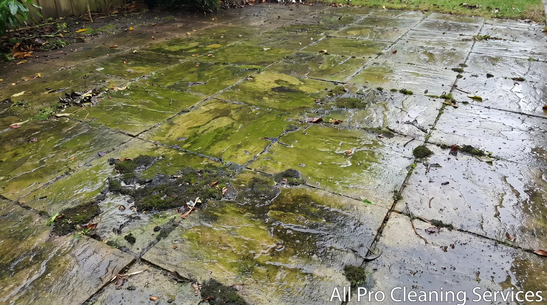 All Pro Cleaning Services - algae covered dirty patio before power washing - Hutchinson KS
