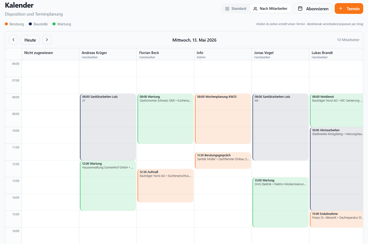 Meisterio Kalender – Disposition und Terminplanung mit Mitarbeiterübersicht