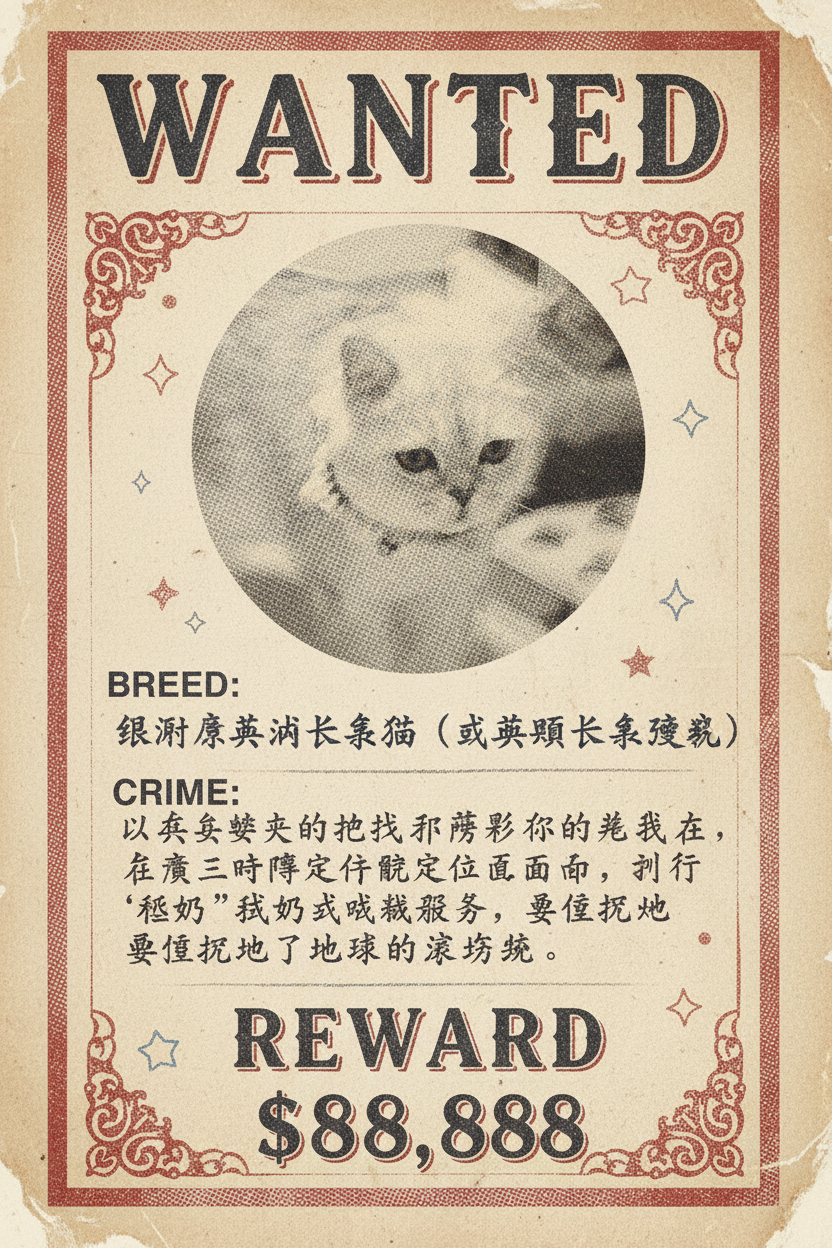 银渐层英国长毛猫（或英短长毛变种） 通缉令