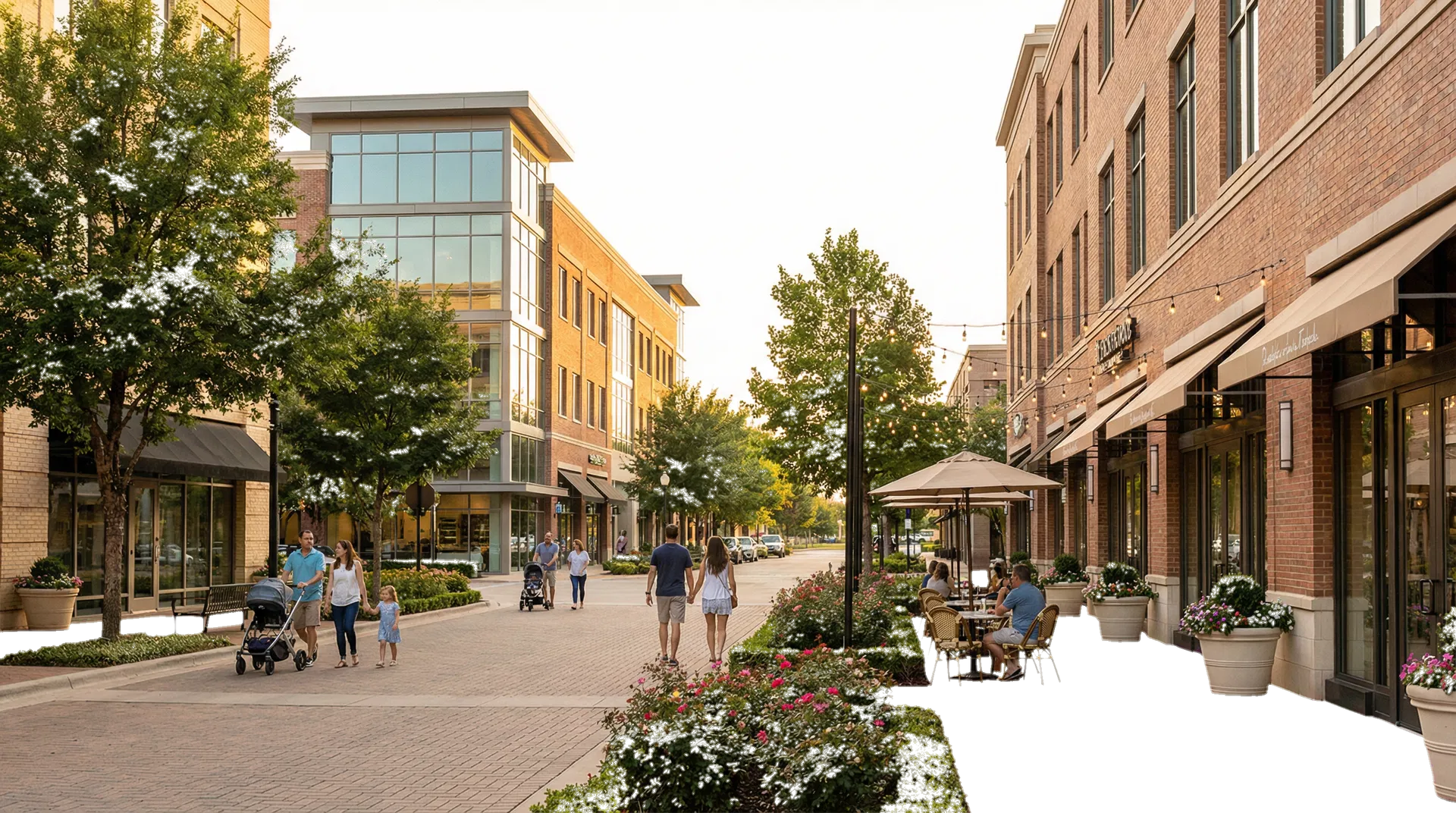 Polished Frisco mixed-use district streetscape