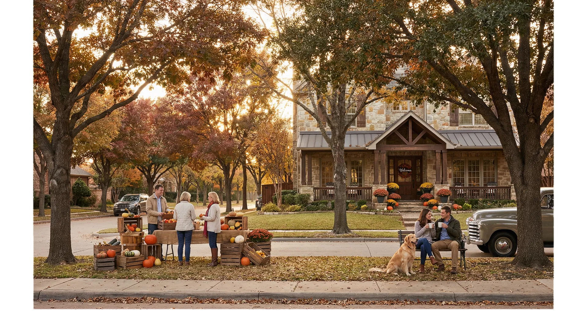 Warm autumn neighborhood scene with amber trees, pumpkins, and an inviting front porch in North Texas.