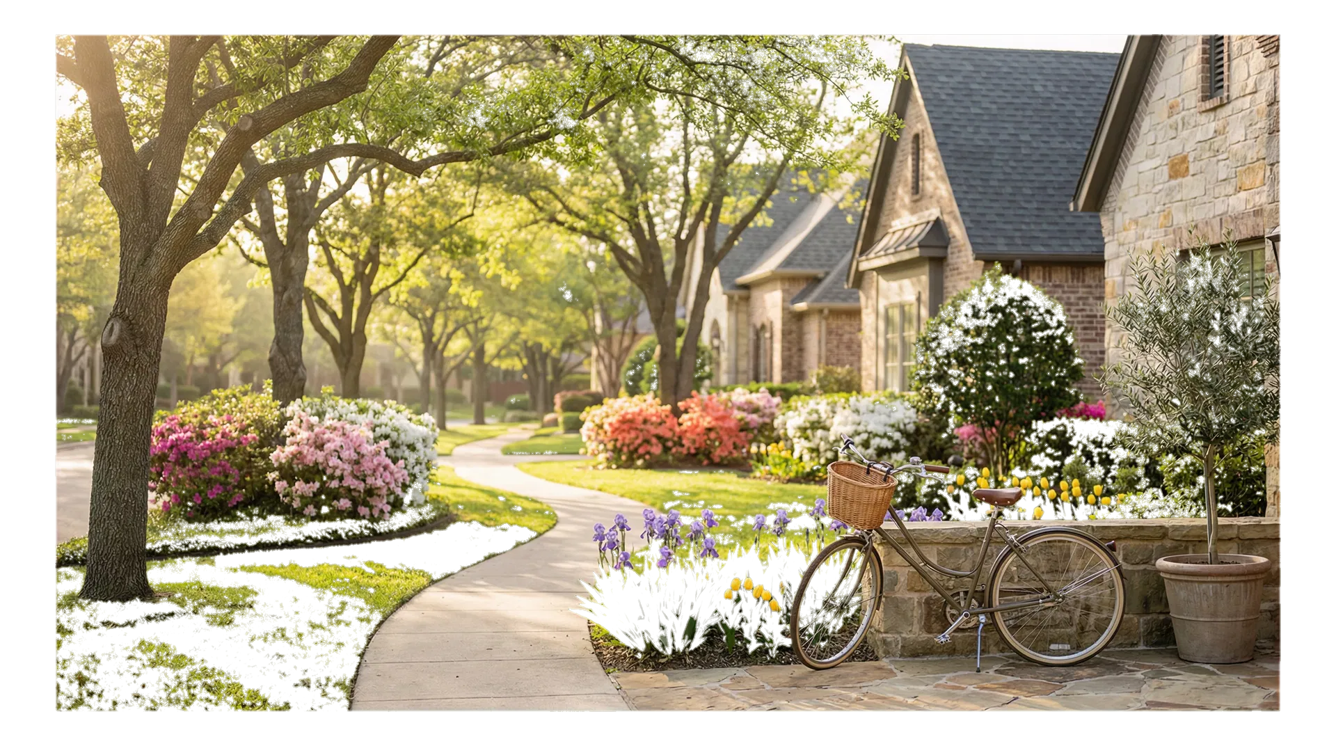 Blooming North Texas neighborhood with flowering shrubs, green trees, and a peaceful sidewalk in spring.