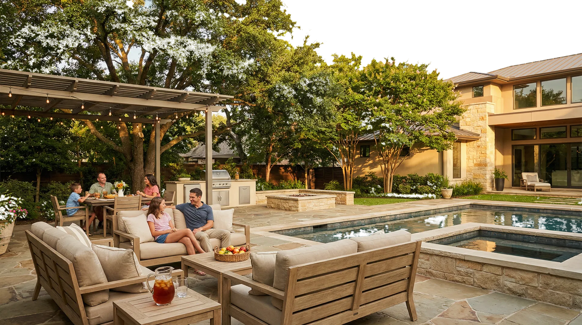 Elegant North Texas backyard with pool, patio seating, and warm summer evening light.