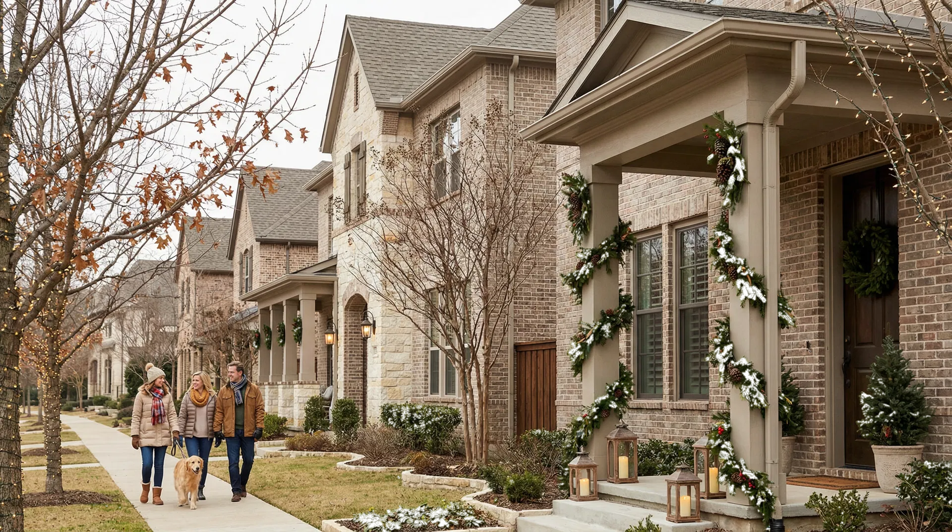 Mild North Texas winter streetscape with tasteful holiday decor, bare trees, and a calm residential feel.
