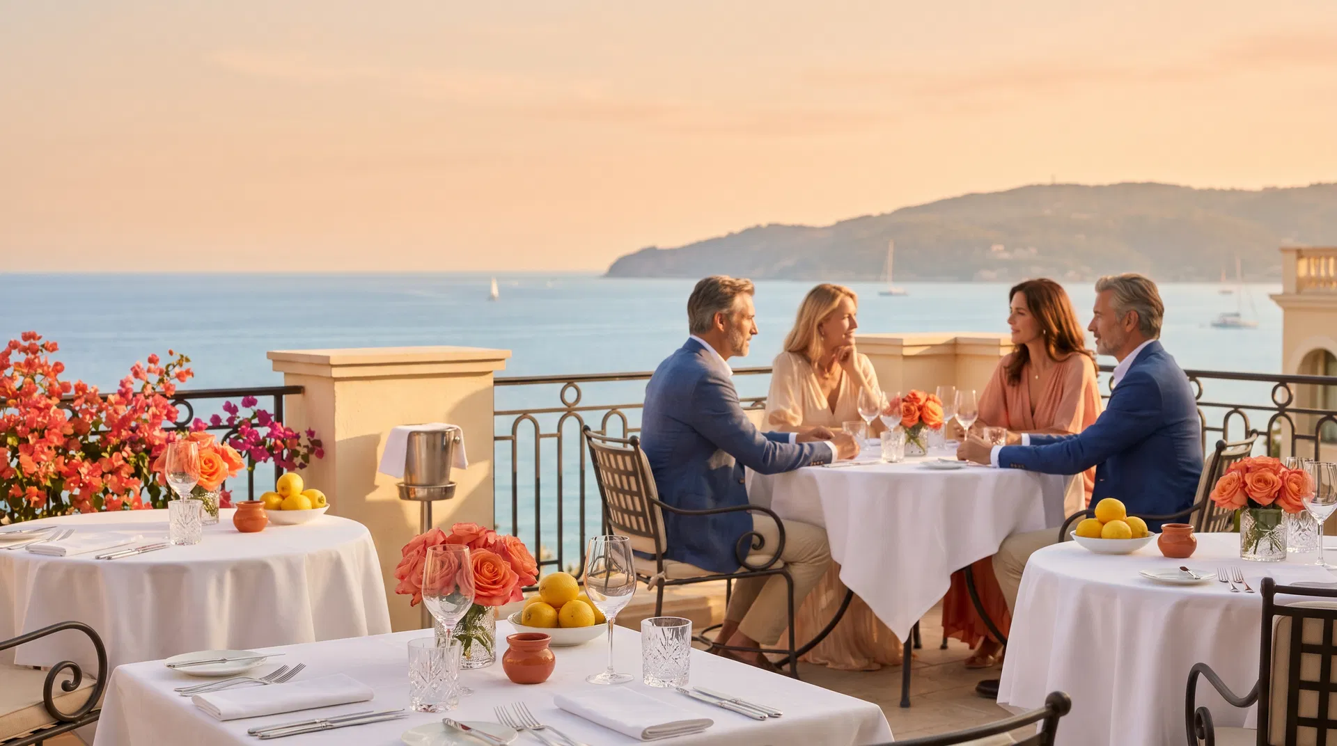 Luxury Riviera restaurant setting at sunset for Distilled: Cannes