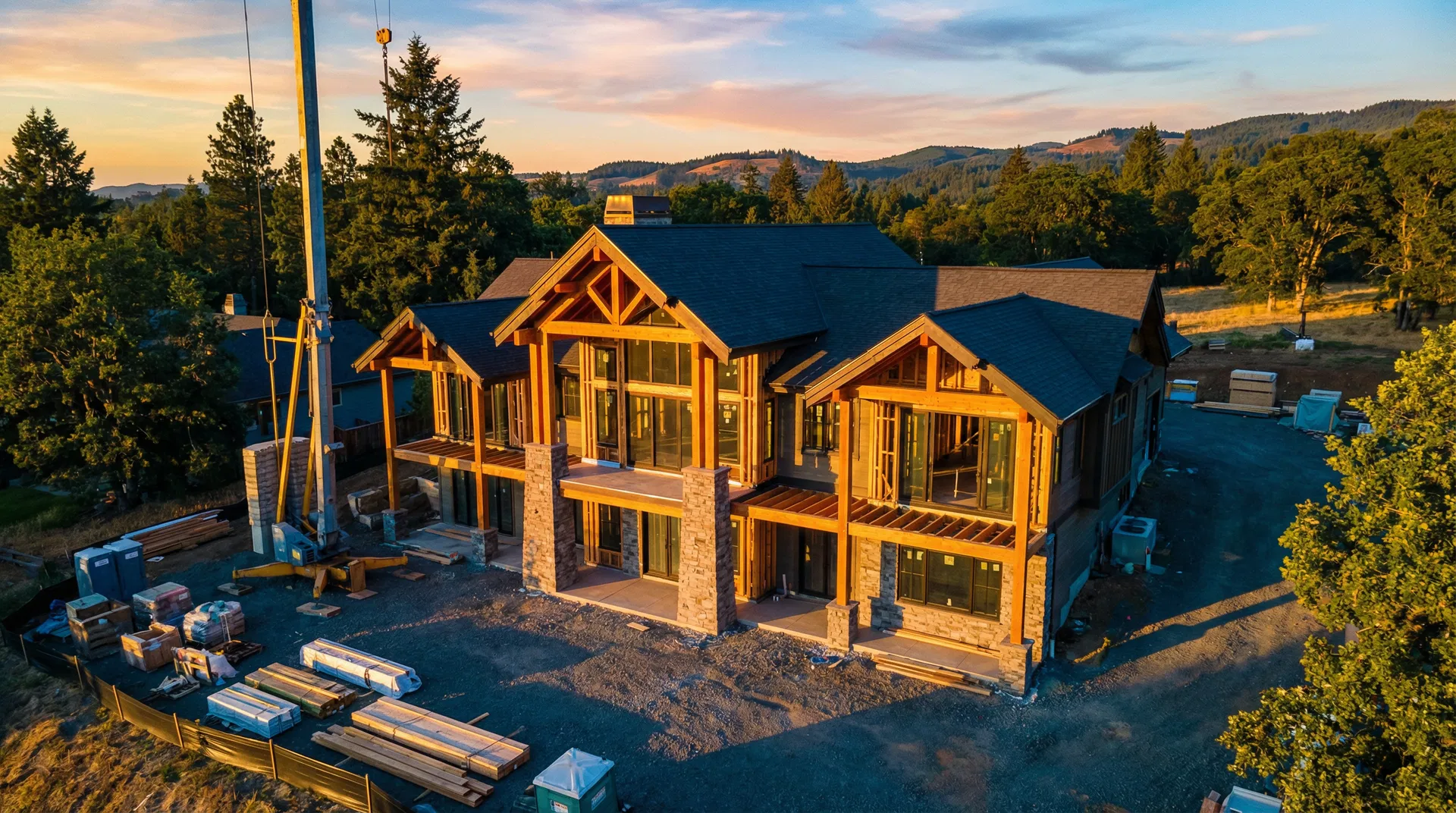 Luxury custom home exterior with mountain landscape background
