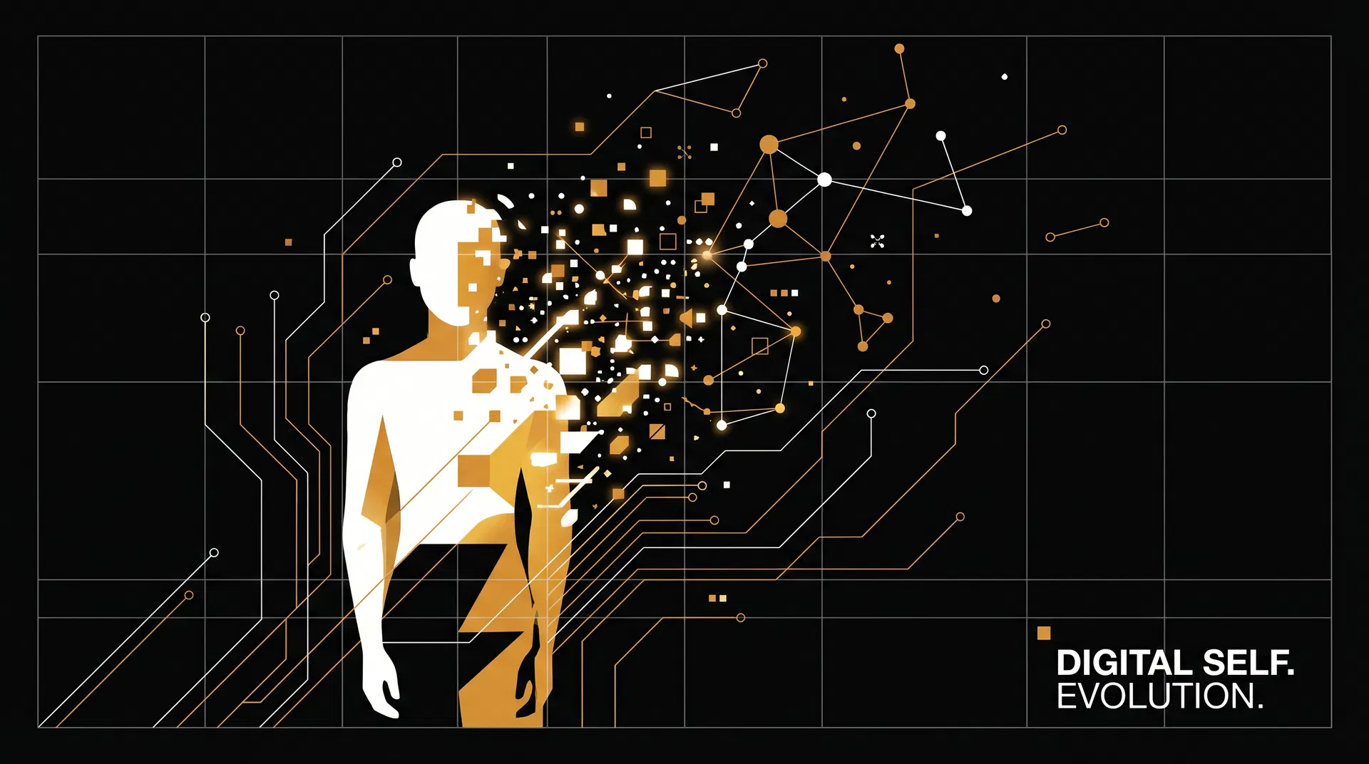 Digital self evolution — human figure dissolving into data graph