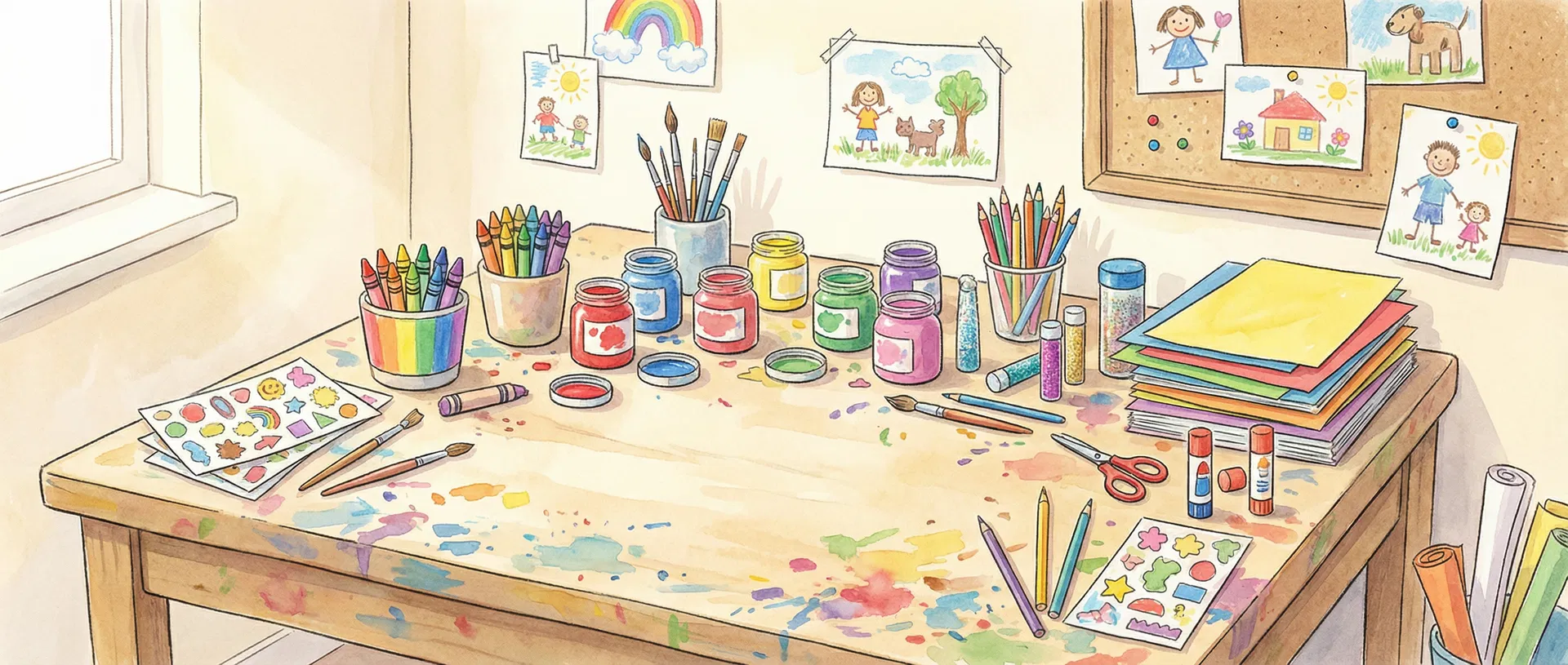 Colorful art supplies, crayons, paints, and children's drawings spread across a creative workspace