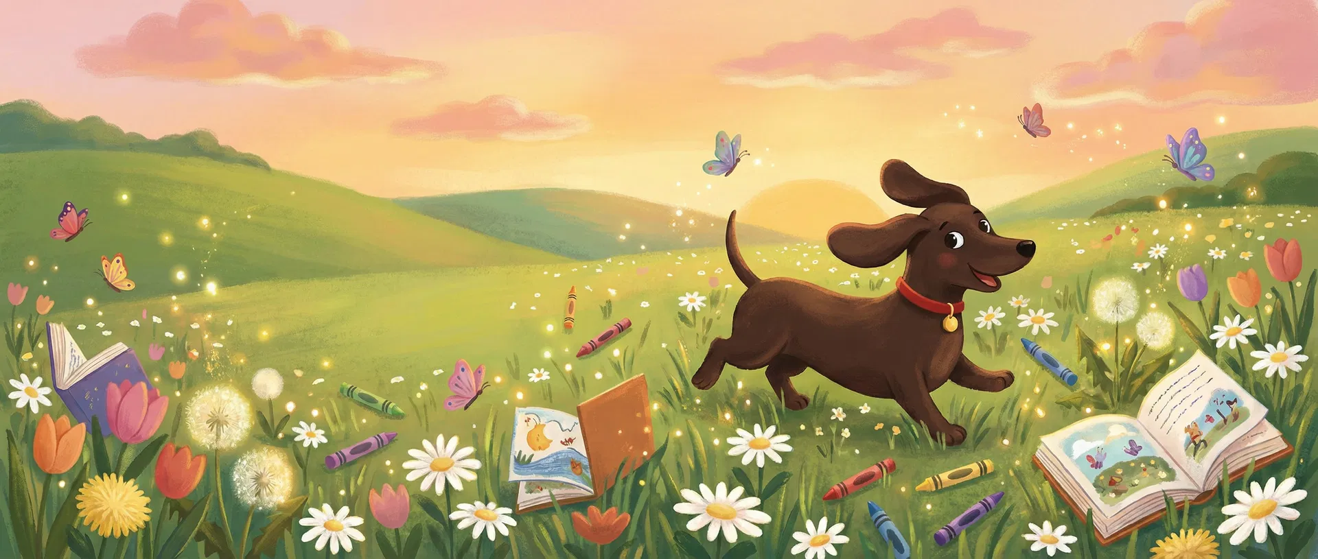 Milton the dachshund playing in a meadow with butterflies, crayons, and storybooks