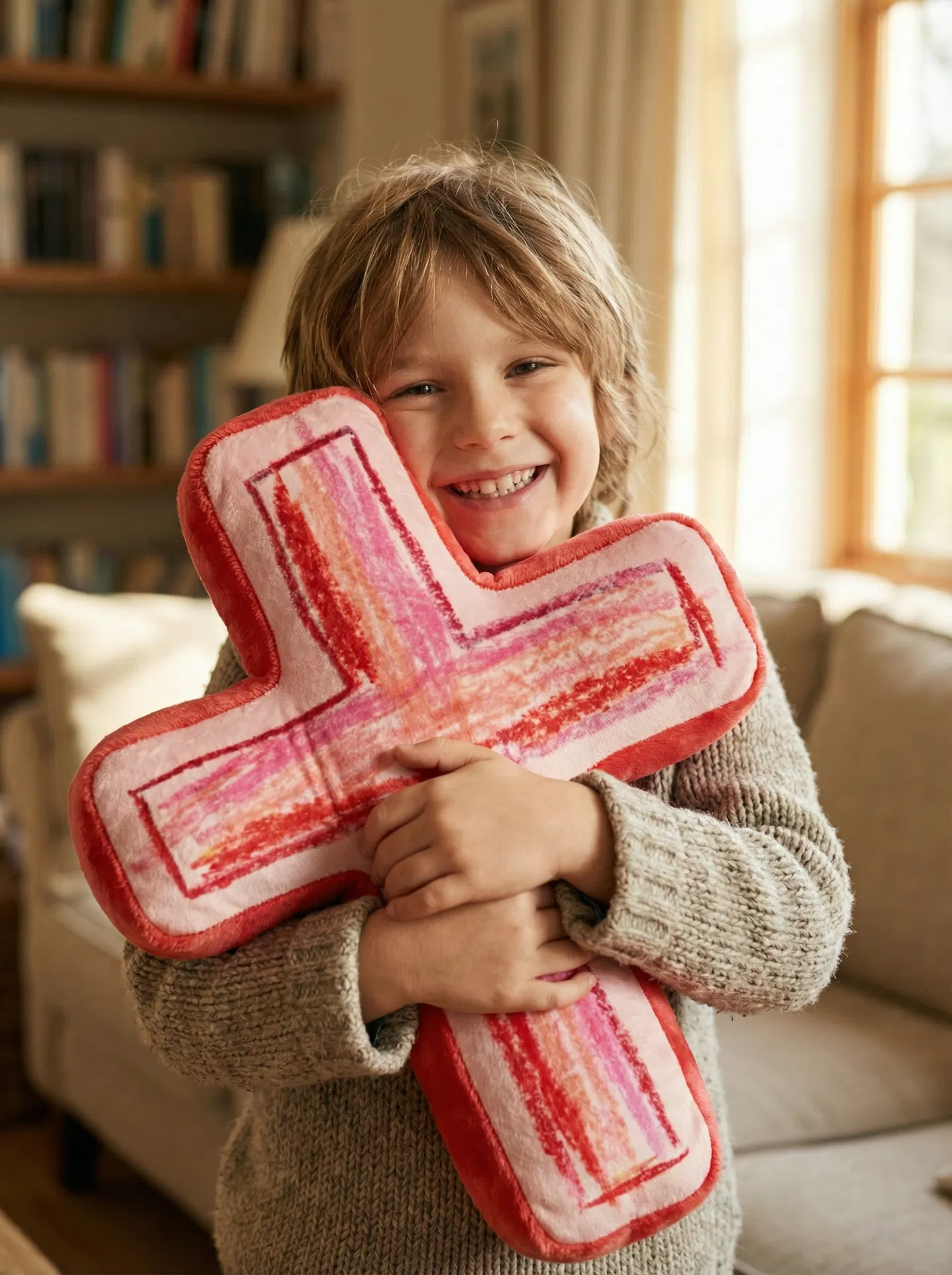 Child hugging their custom cross-shaped pillow with joy