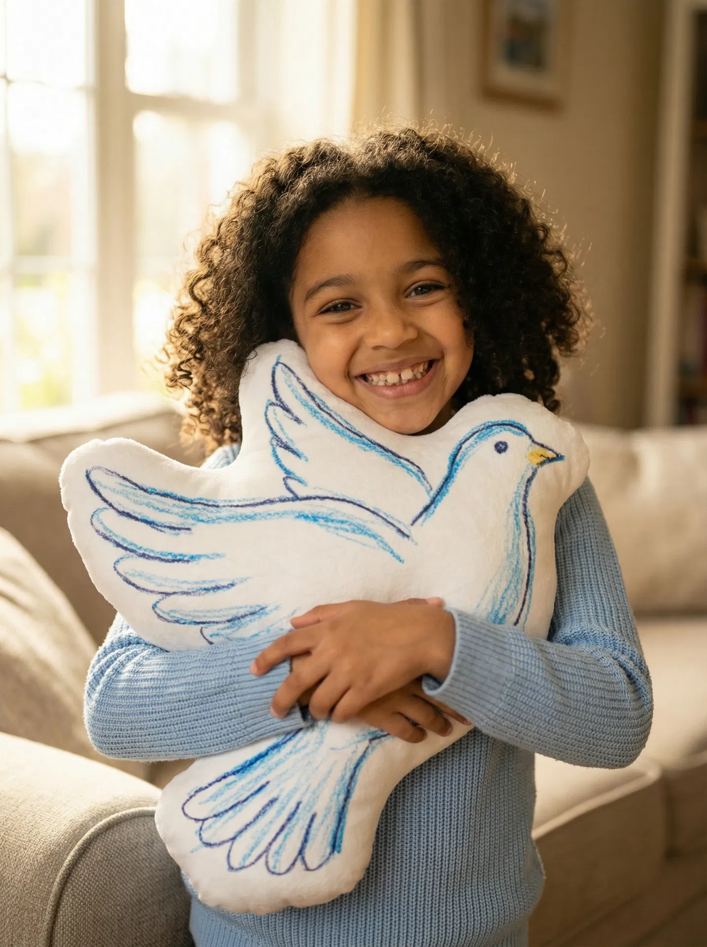 Child hugging their custom dove-shaped pillow with joy