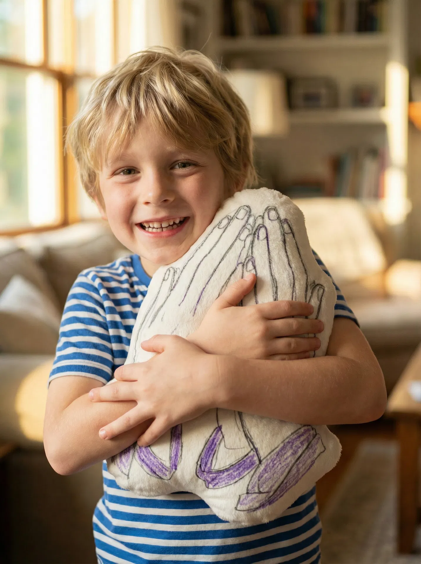 Child hugging their custom praying hands shaped pillow with joy