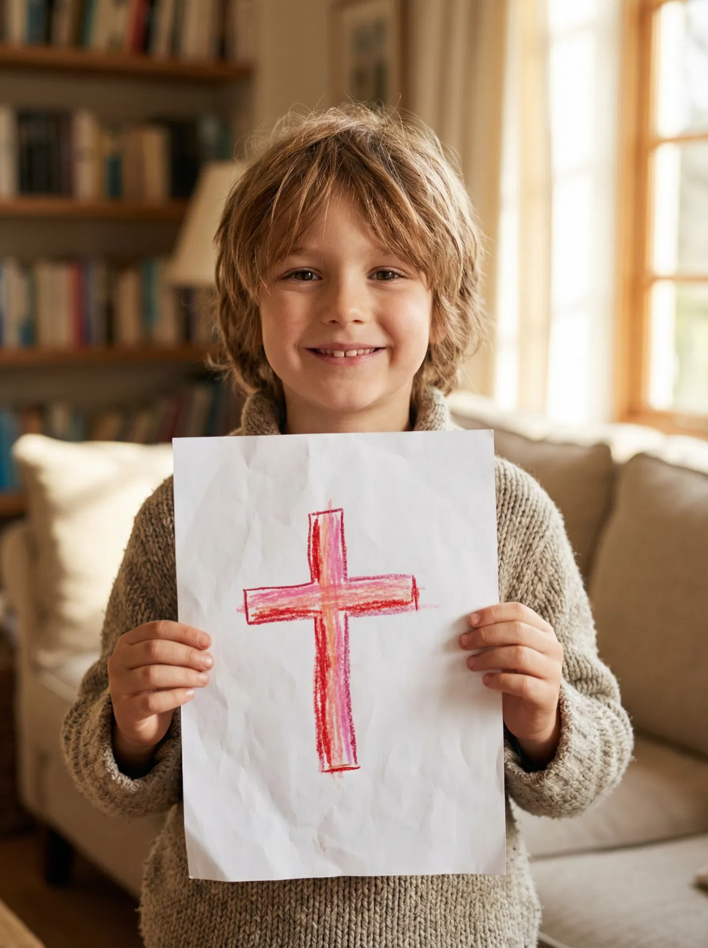 Child holding a hand-drawn cross on paper