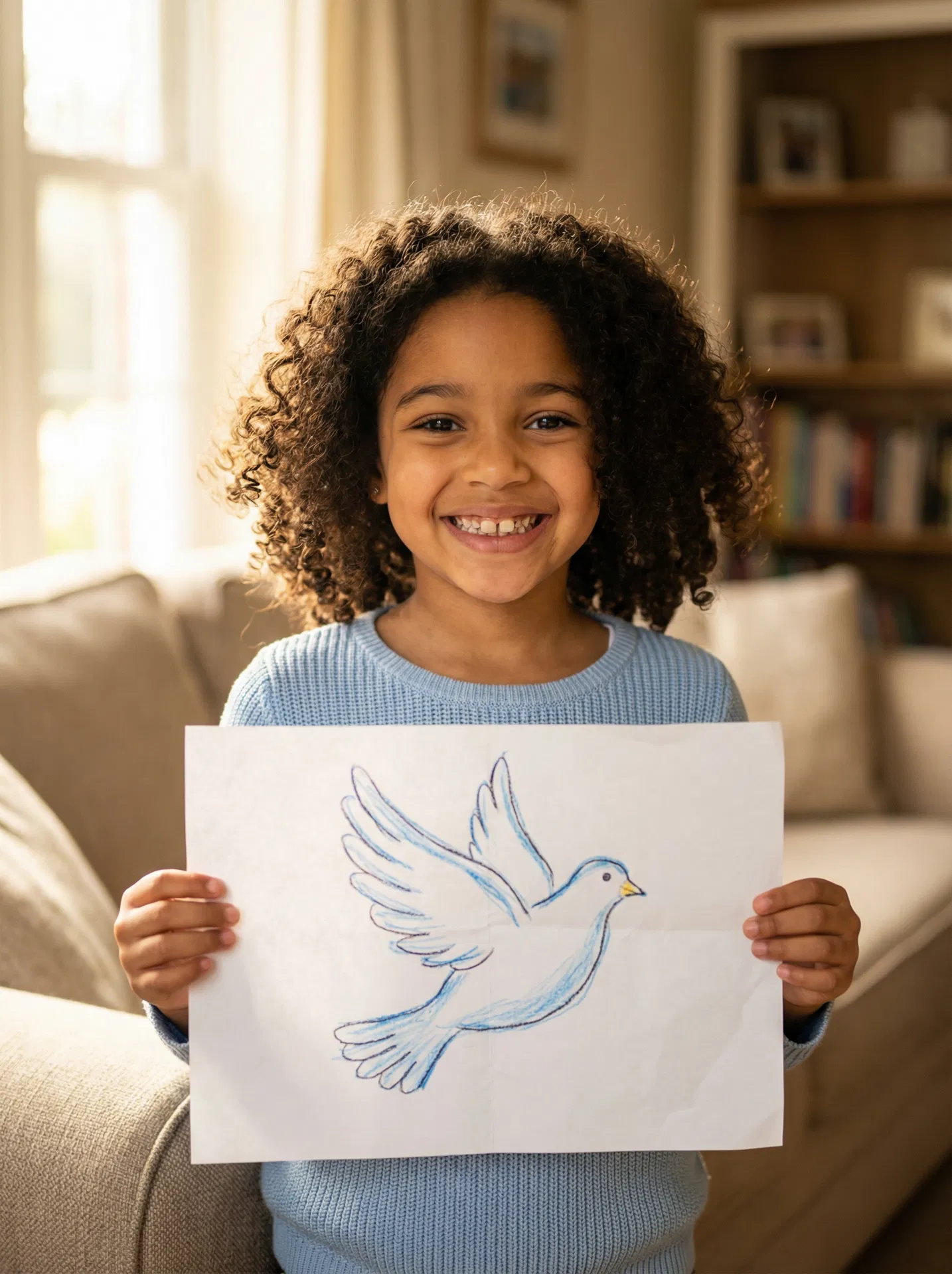 Child holding a hand-drawn dove on paper