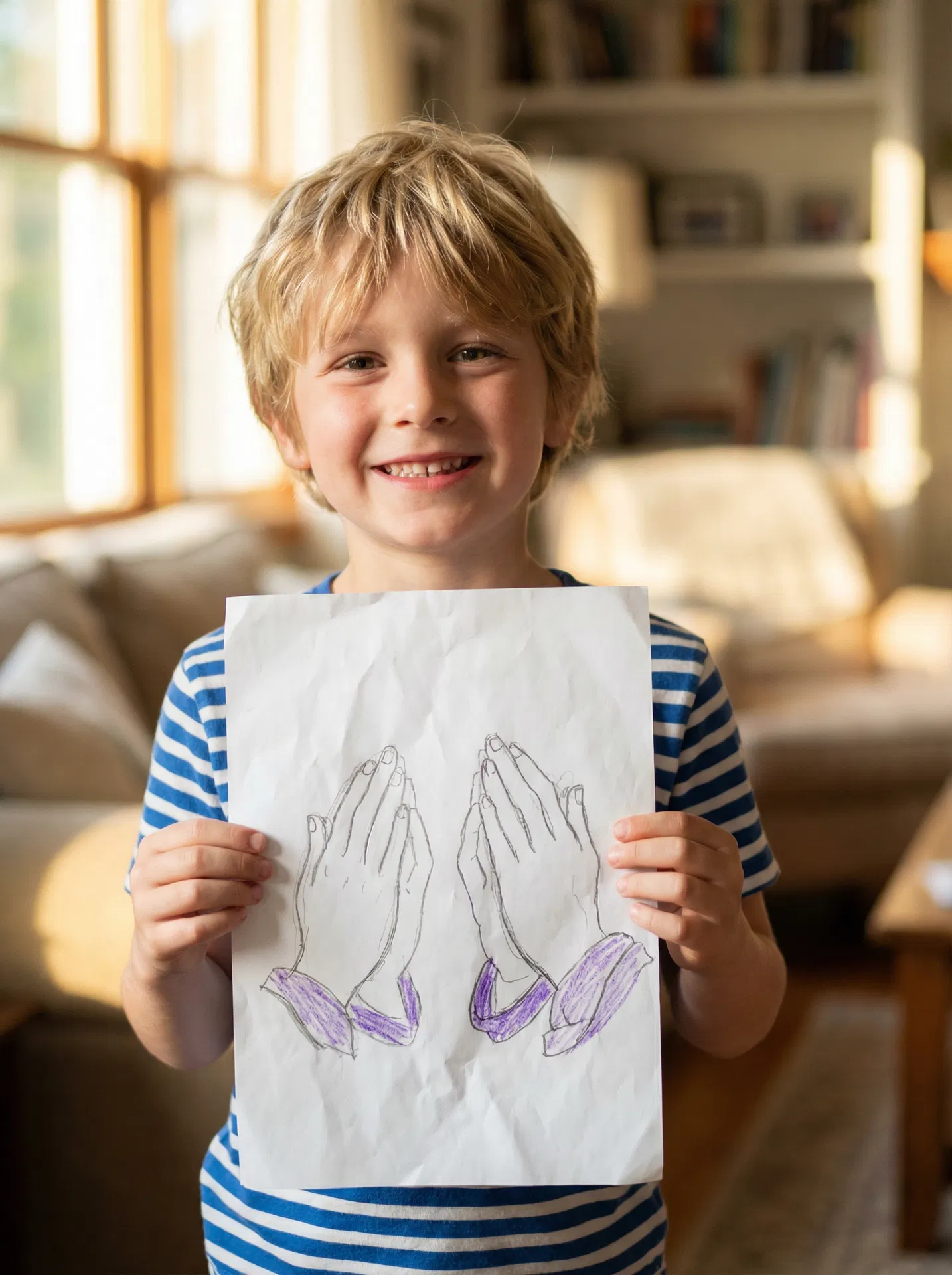 Child holding a hand-drawn praying hands on paper