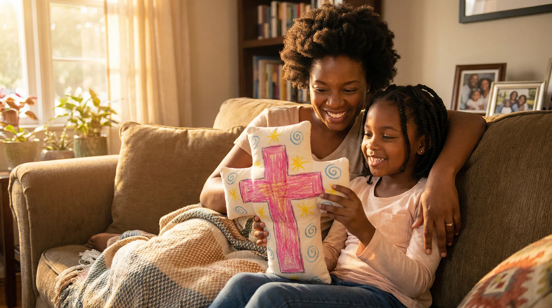 Mother and daughter with faith pillow