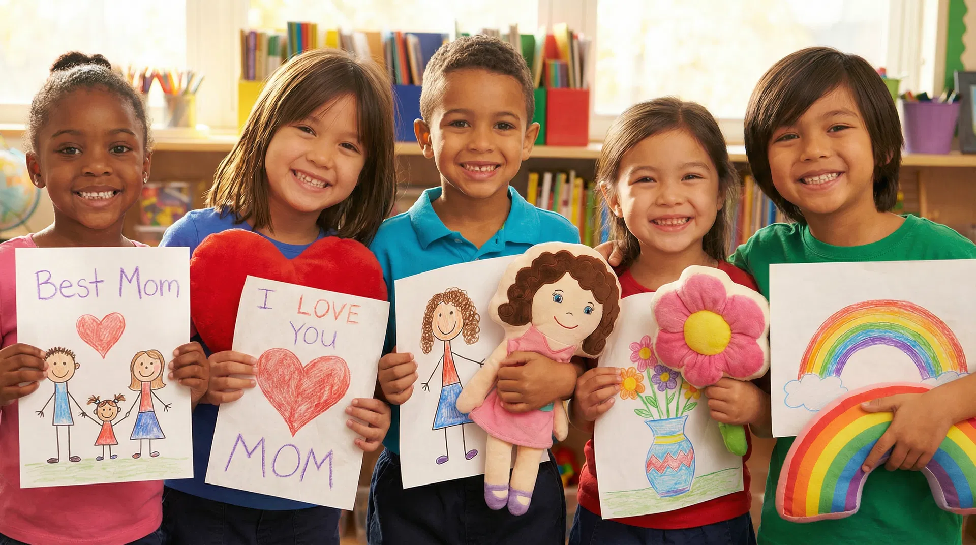 Students proudly holding their custom shaped Mother's Day pillows
