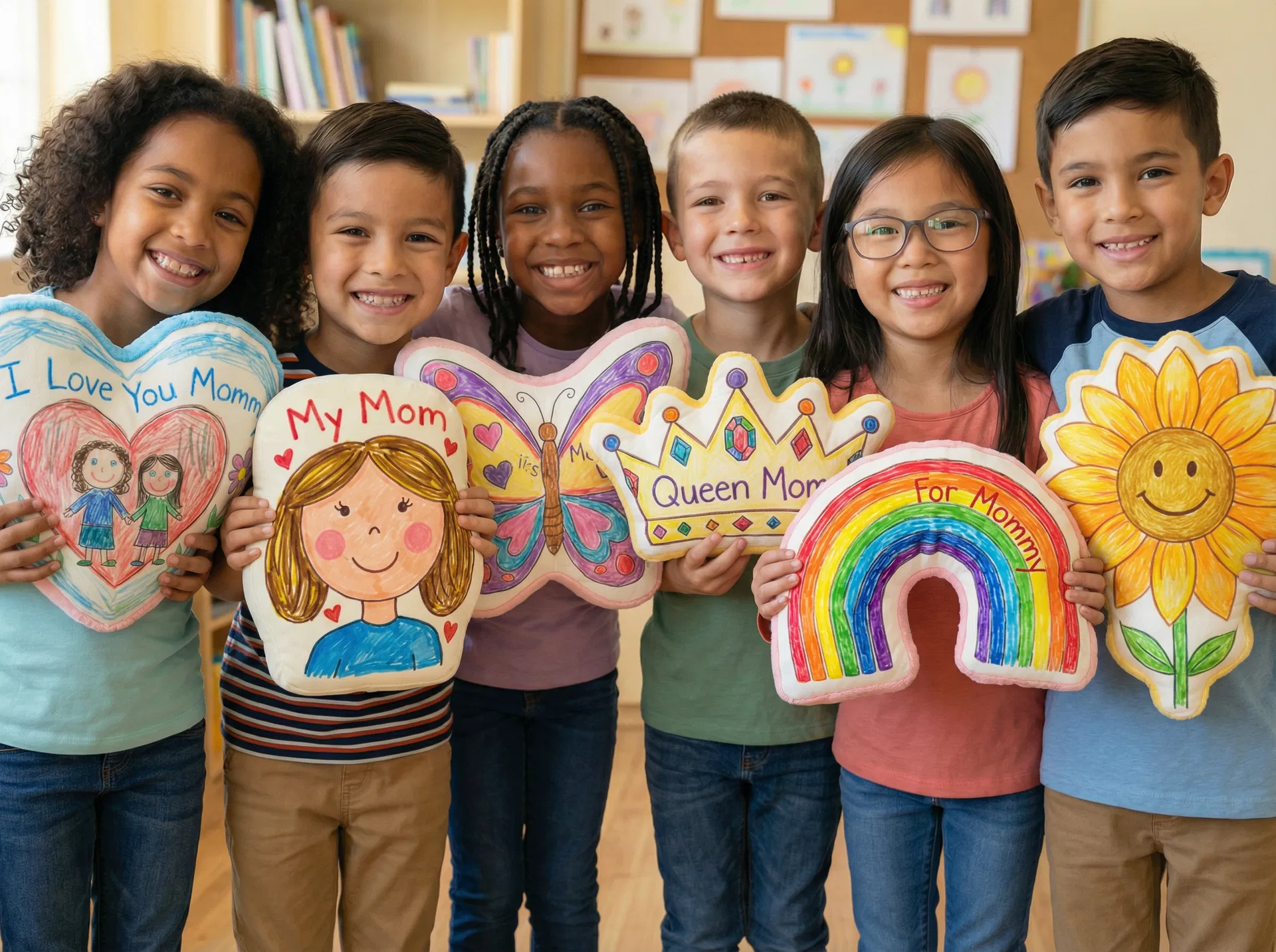 Elementary school students proudly holding their custom shaped Mother's Day pillows