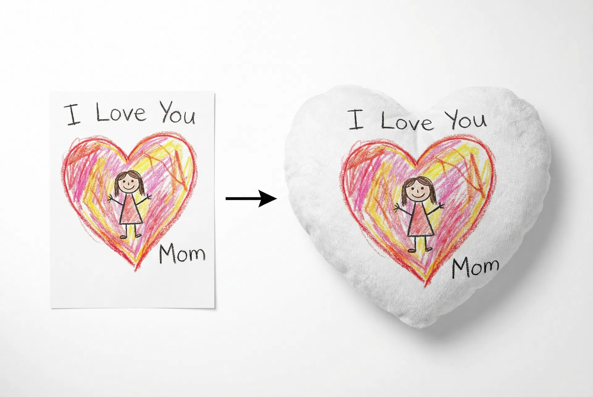 Child's crayon drawing of mom next to the finished heart-shaped custom pillow