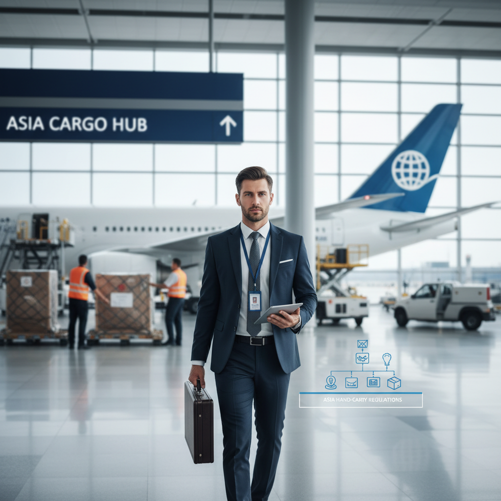 Customs officer inspecting documents at an Asian airport