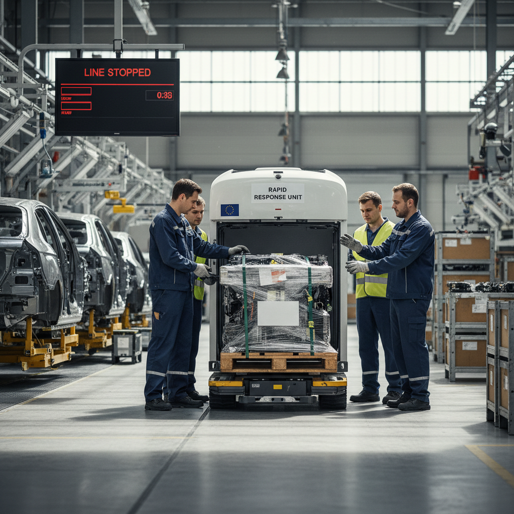 一个OBC信使手持一个小型包裹,在机场繁忙的登机口区域快速行走,背景是登机牌显示屏和等待登机的旅客。