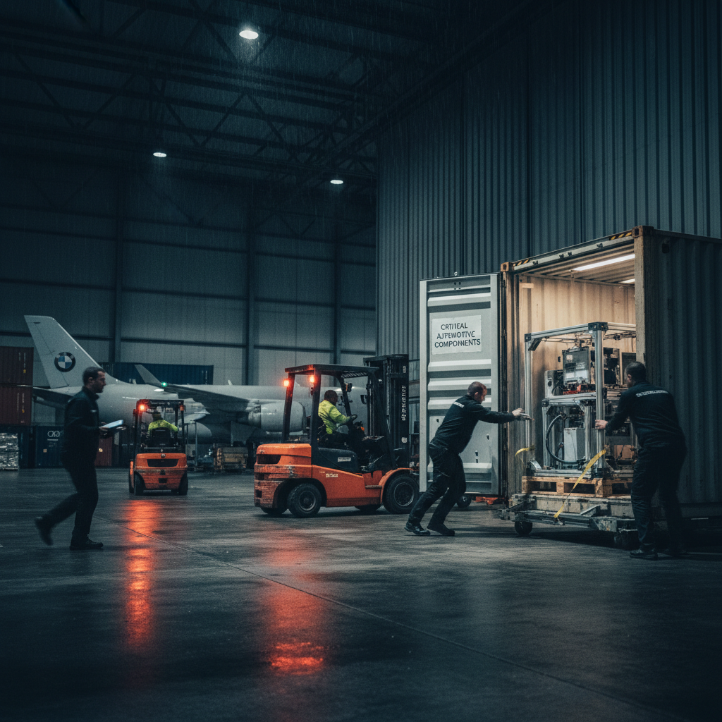 一个OBC信使正在一个欧洲机场的到达大厅,与一位身穿工厂制服的接收人员进行交接,两人面带微笑,背景是机场指示牌。