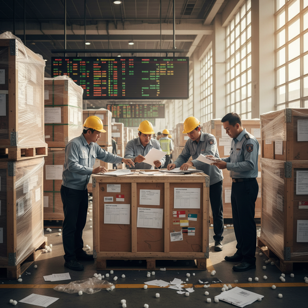 Vista aérea de un puerto de carga en el Sudeste Asiático con contenedores y grúas