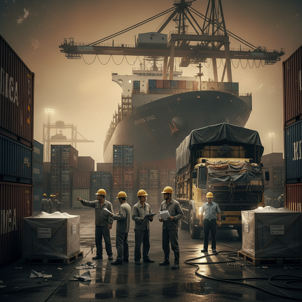 Un agente de aduanas revisando documentos en un escritorio, con sellos y formularios