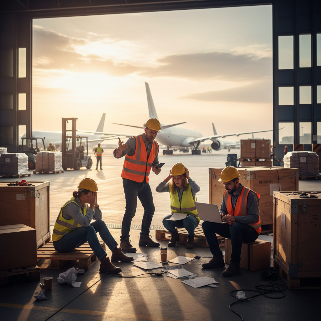 一个疲惫的快递员在机场候机厅里，手持包裹，神色焦急