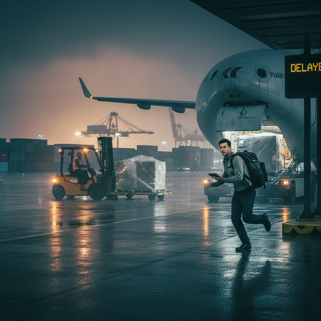 一个物流团队围坐在会议桌前，表情严肃，面前堆满了文件和电脑