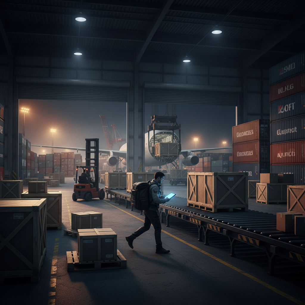 一个OBC人员正在机场与航空公司地勤人员沟通，背景是停机坪