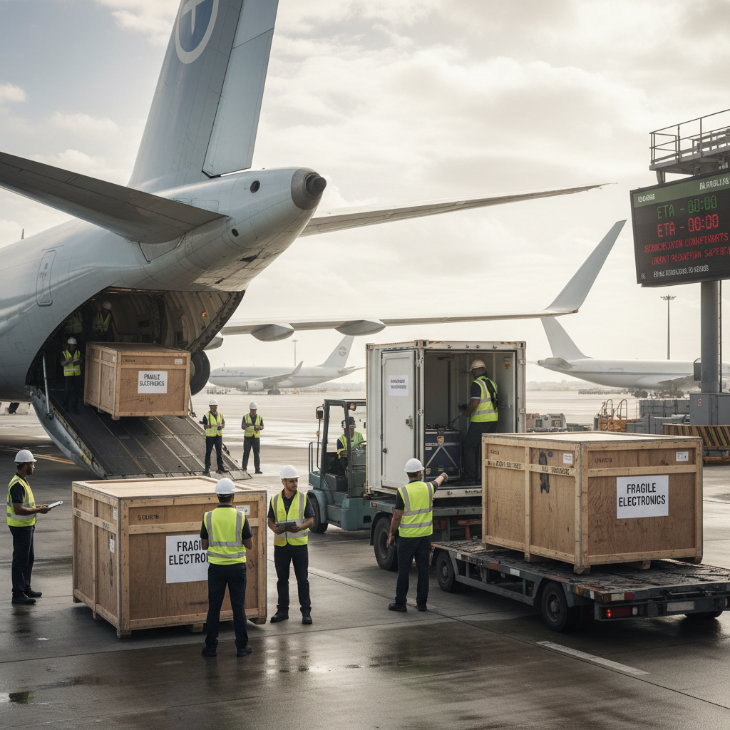 一个穿着制服的快递员在机场货运区，背景是货运飞机和集装箱，他正在查看手中的包裹。