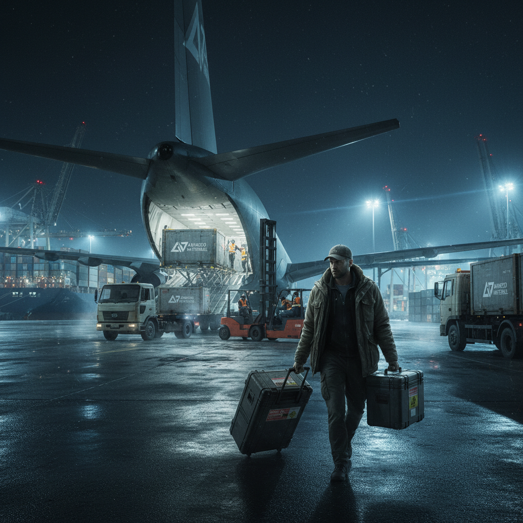 一名穿着西装的商务人士在机场航站楼内，手持一个带有行李牌的小型包裹，正在快速行走。