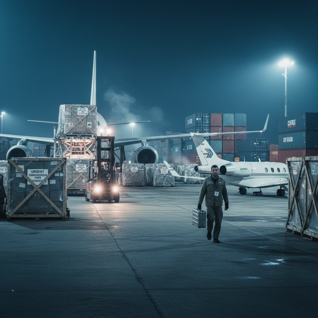 一位OBC信使正在机场货运站与工作人员交接文件