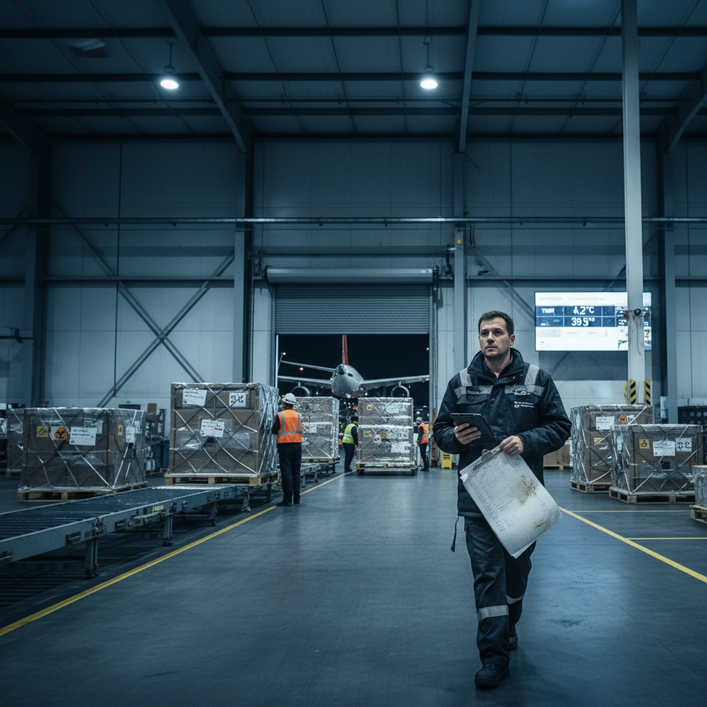 一个OBC信使正在机场候机室等待登机，旁边的冷链箱上贴着醒目的药品标签