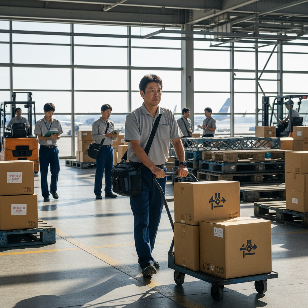 一位身穿西装的快递员在机场候机，手提一个小型包裹，背景是繁忙的登机口。