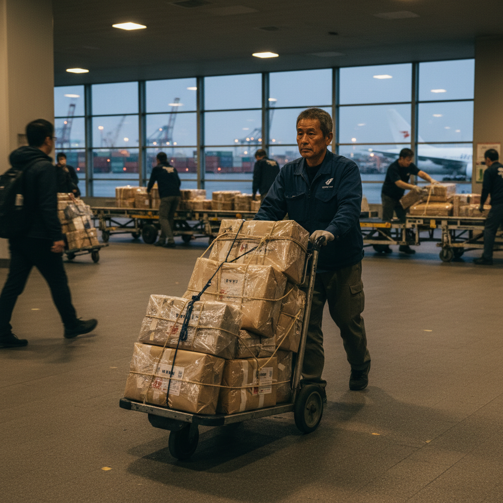 一位穿着制服的OBC专员在机场海关通道，手持文件和小型包裹，正在与海关官员交流。
