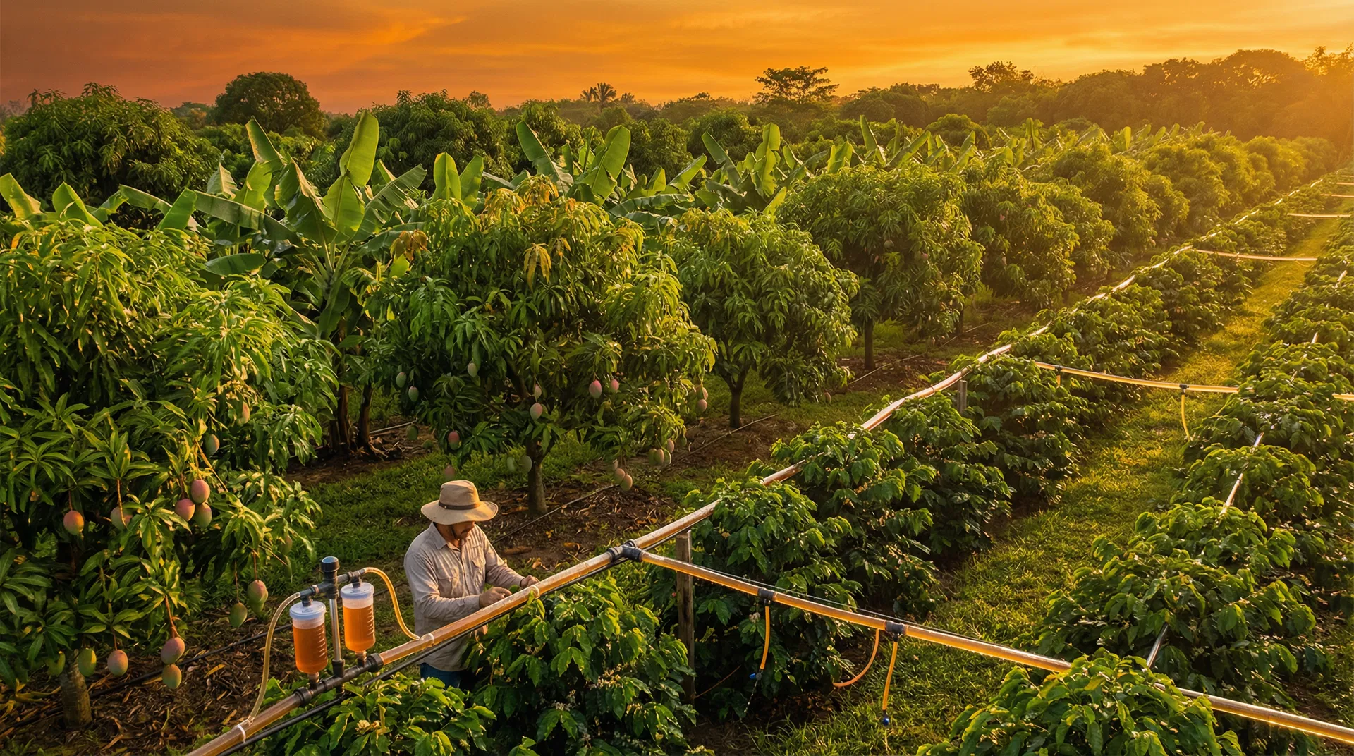 Tropical crop farm with liquid fertilizer drip irrigation