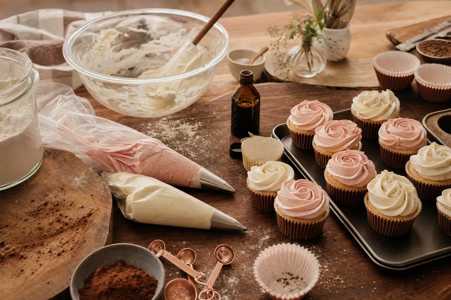Behind-the-scenes buttercream piping setup for KD’s Sweets OKC