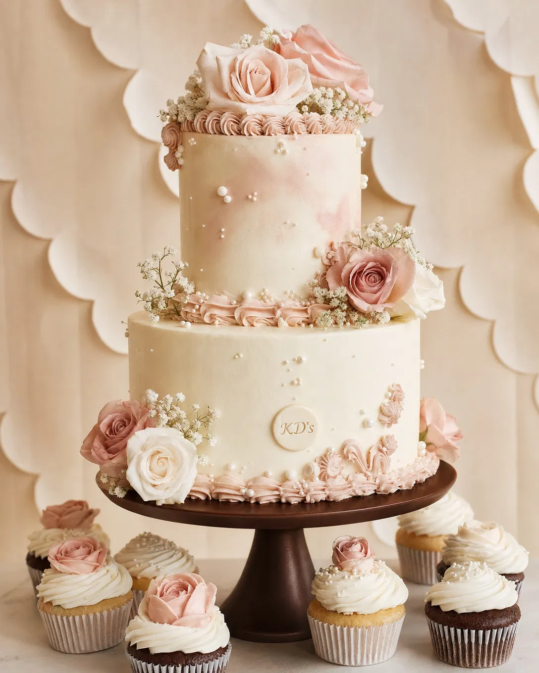 Elegant custom celebration cake with matching cupcakes