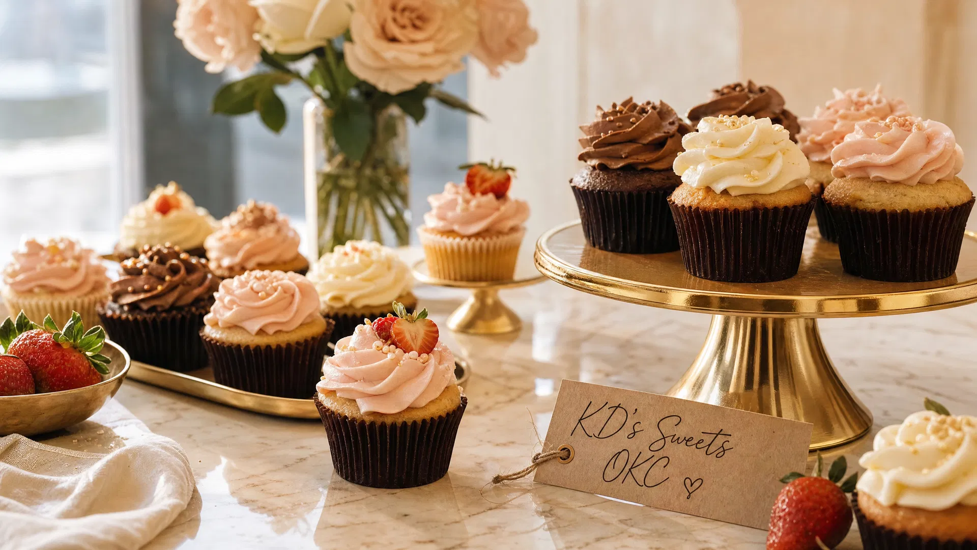 Cupcakes with blush and cocoa buttercream from KD’s Sweets OKC