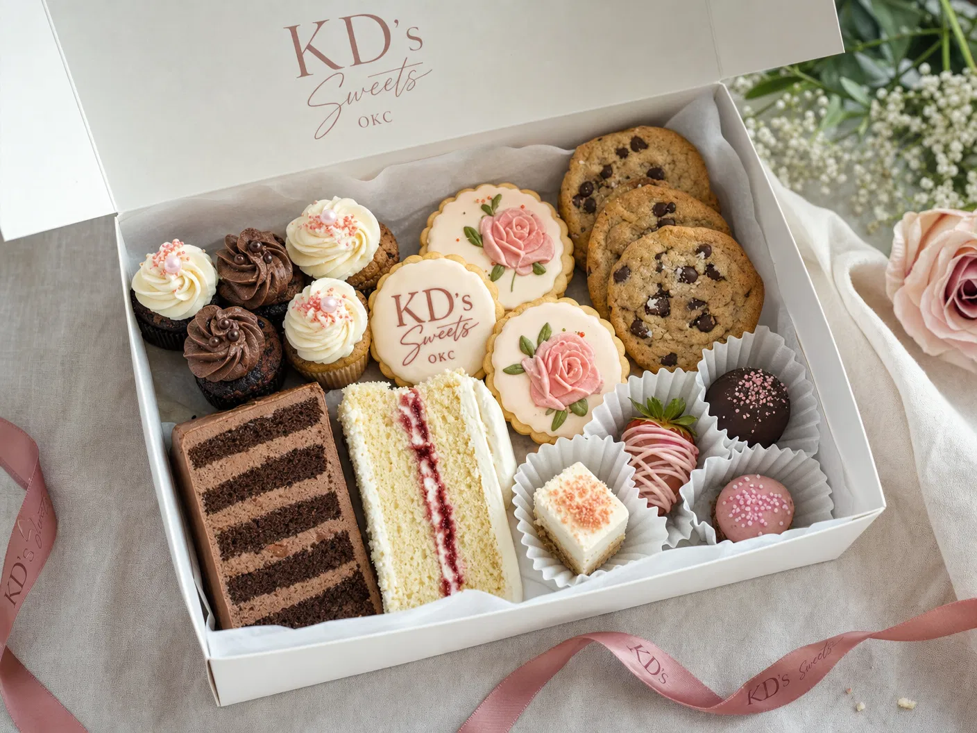 Dessert box with cupcakes, cookies, cake slices, and truffles